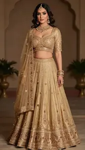 Woman In Golden Net Lehenga