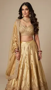 Woman In Golden Silk Lehenga With Work