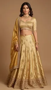 Woman In Golden Silk Lehenga With Border