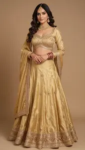 Woman In Golden Silk Lehenga With Embroidered Border