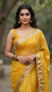 Woman In Golden Yellow Saree With Border