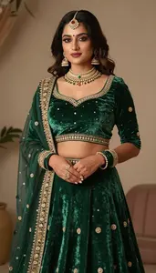 Woman In Green Velvet Lehenga Choli