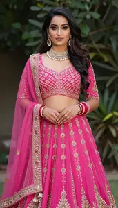 Woman In Hot Pink Net Lehenga