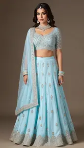 Woman In Ice Blue Georgette Lehenga