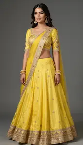 Woman In Lemon Silk Lehenga With Border