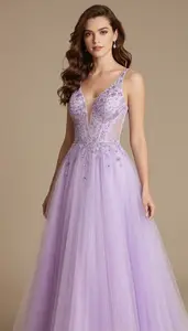 Woman In Lilac Tulle Prom Dress