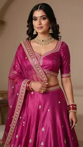 Woman In Magenta Silk Lehenga With Border