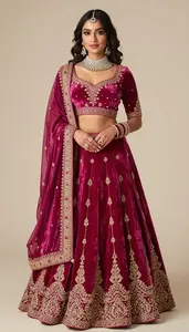 Woman In Magenta Velvet Lehenga