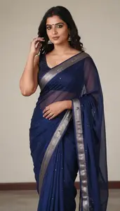 Woman In Midnight Blue Net Saree