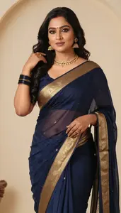 Woman In Navy Georgette Saree With Gold