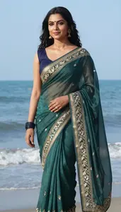 Woman In Ocean Georgette Saree With Embroidery