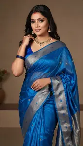 Woman In Peacock Blue Silk Saree