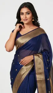 Woman In Prussian Georgette Saree With Gold