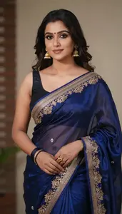 Woman In Prussian Silk Saree With Embroidery