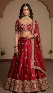 Woman In Ruby Red Silk Lehenga