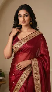 Woman In Ruby Silk Saree With Gold Embroidery