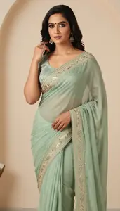 Woman In Sage Georgette Saree With Embroidery