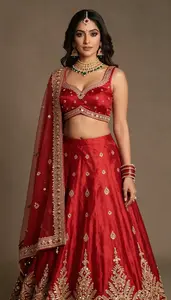 Woman In Scarlet Silk Lehenga