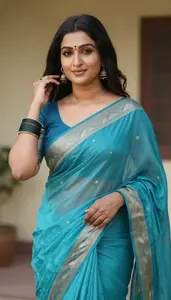 Woman In Sea Blue Saree