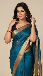 Woman In Sea Silk Saree With Gold Border