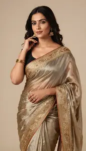 Woman In Sea Silk Saree With Gold Embroidery