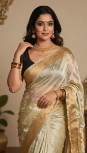 Woman In Sea Silk Saree With Work And Gold