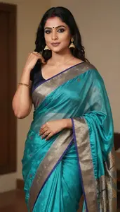 Woman In Sky Silk Saree With Border