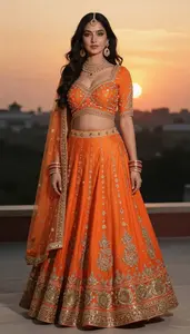 Woman In Sunset Orange Lehenga