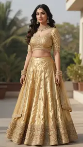 Woman In Sunshine Silk Lehenga With Gold