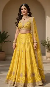 Woman In Sunshine Yellow Silk Lehenga