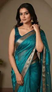 Woman In Teal Silk Saree With Zari Border
