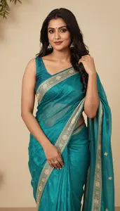 Woman In Teal Silk Saree With Embroidery