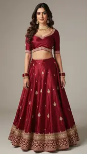 Woman In Vermillion Silk Lehenga With Border