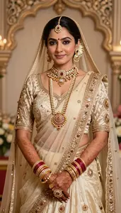 Beautiful Marathi Woman Bride In Cream Wedding Lehenga