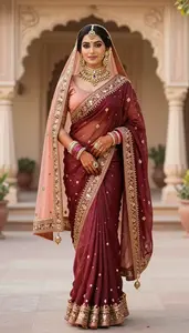 Bridal Beauty Burgundy Saree With Traditional Jewelry