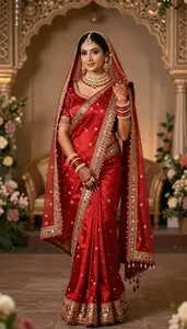 Elegant Hindi Woman Bride Red Bridal Saree