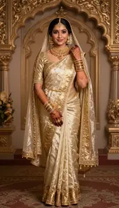 Elegant Indian Bride Gold Embroidered Saree With Jewelry