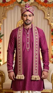 Magenta Traditional Dhoti Kurta Set Wedding Portrait