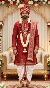 Man In Late 20s In Red Traditional Dhoti Kurta Set