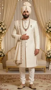 North Indian Man Man In 50s In Designer Sherwani