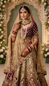 Woman In Early 20s In Wine Elaborate Lehenga