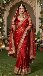 Woman In Late 30s Bride Wearing Silk Bridal Saree