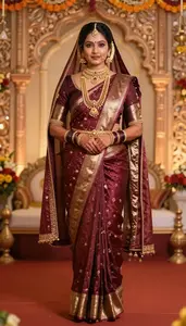 Woman In Mid 30s In Burgundy Traditional Bridal Saree