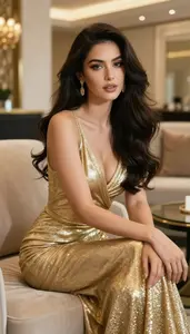 Beautiful Western European Woman In Gold Evening Gown