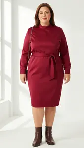 Confident Plus Size Ruby Red Shirt Dress With Self Tie Belt