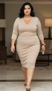 Curvy Plus Size Style Beige Sheath Dress With Side Panel Shaping