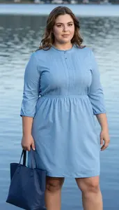 Elegant Plus Size Look Sky Blue Tunic Dress With Embroidery