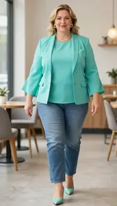 Empowered Plus Size Woman In Bell Sleeve Blouse Paired With Straight Leg Jeans