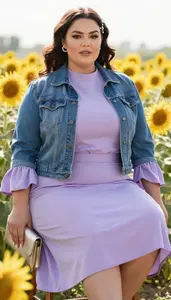 Plus Size Elegance Bell Sleeve Blouse Paired With A Line Midi Skirt