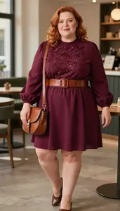 Plus Size Fashion Aubergine Bubble Dress With Volume Lifestyle Portrait